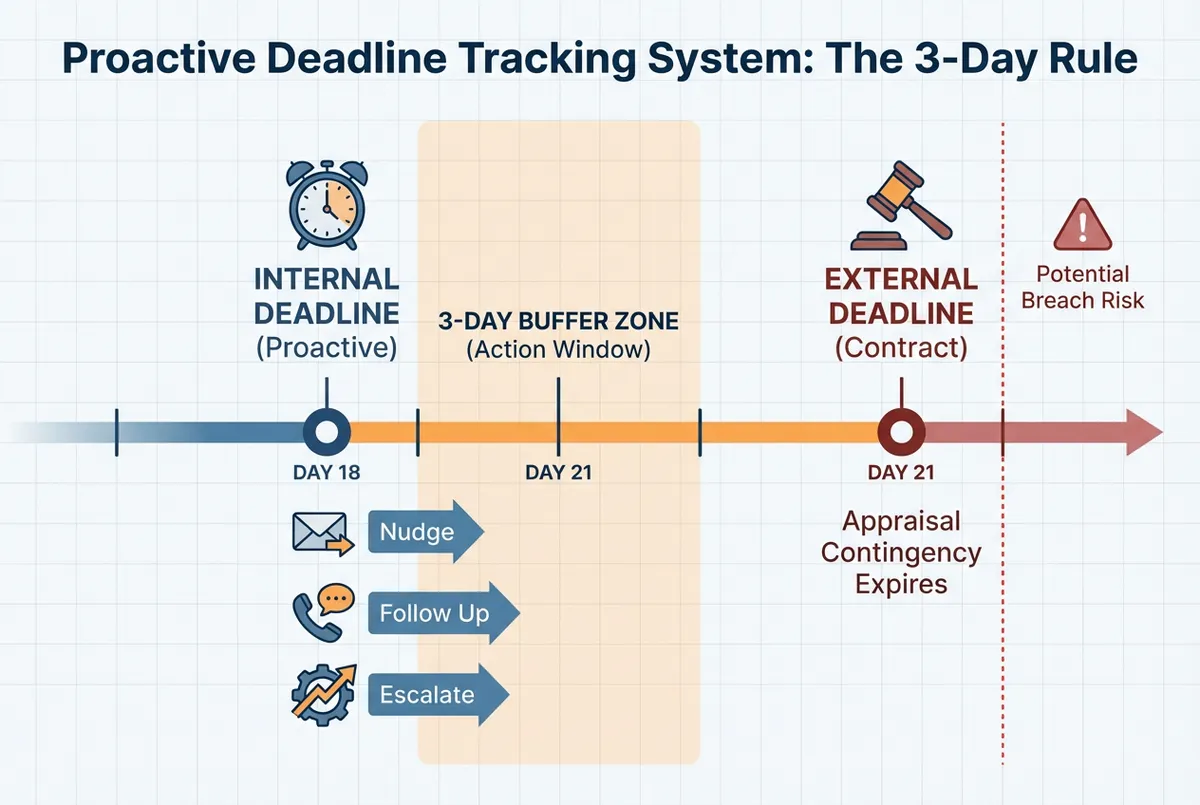 How to Track Real Estate Contract Deadlines Without Missing Critical Timeframes: Every external deadline in my system has an internal deadline that's three days earlier. I (editorial data illustration)