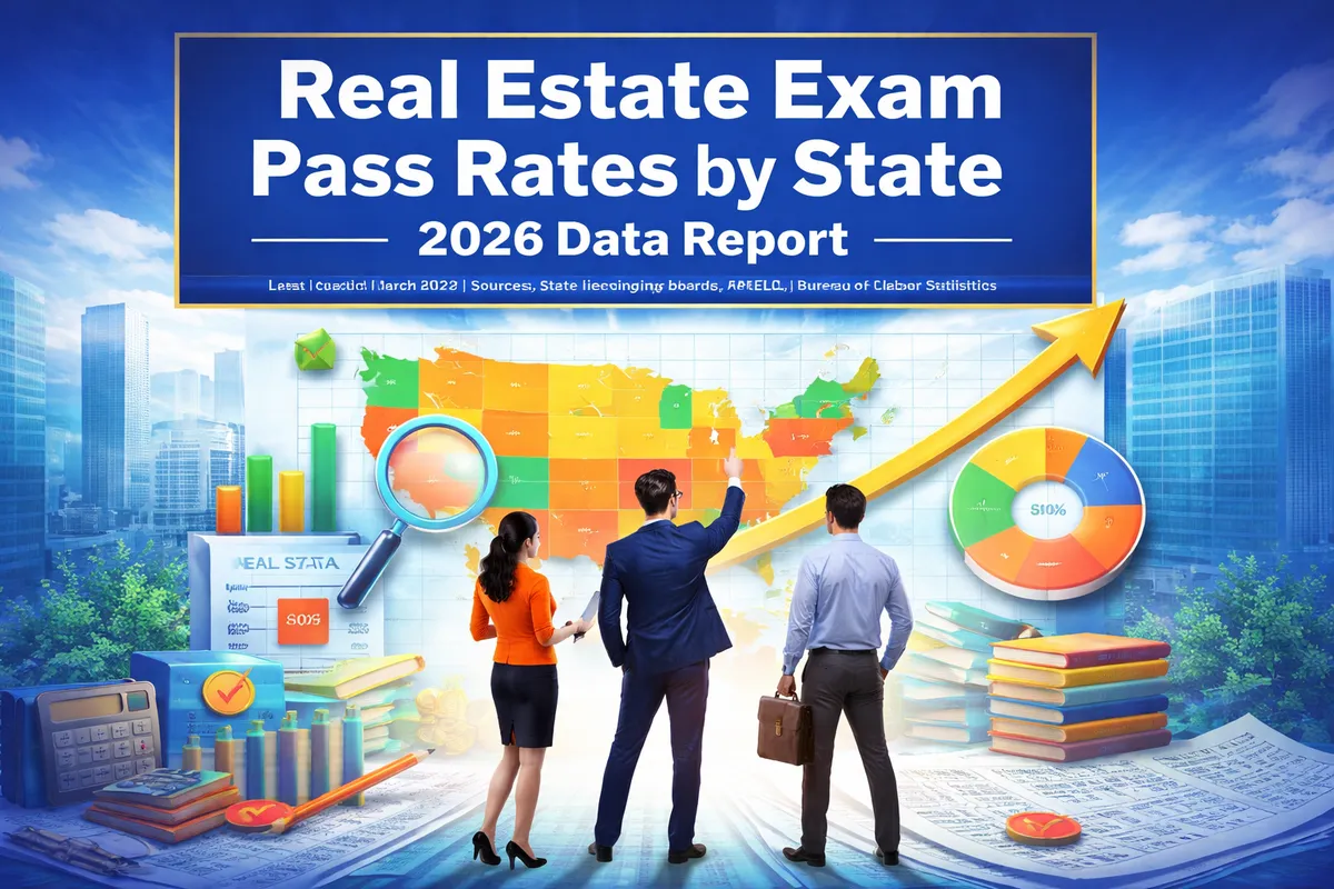 Blog cover image for Real Estate Exam Pass Rates by State 2026 Data Report showing a realistic real estate exam prep study scene.