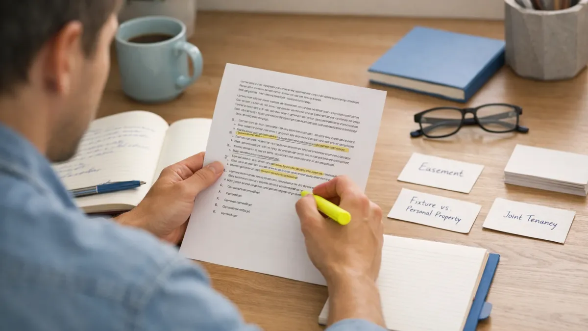 Learner highlighting long question stems on a printed real estate exam page with study notes and flashcards on a desk.