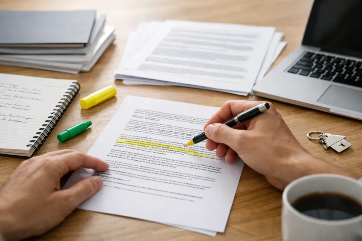 Learner reviewing printed contract clauses with highlighted notes, a notebook, and study materials on a desk in natural light.