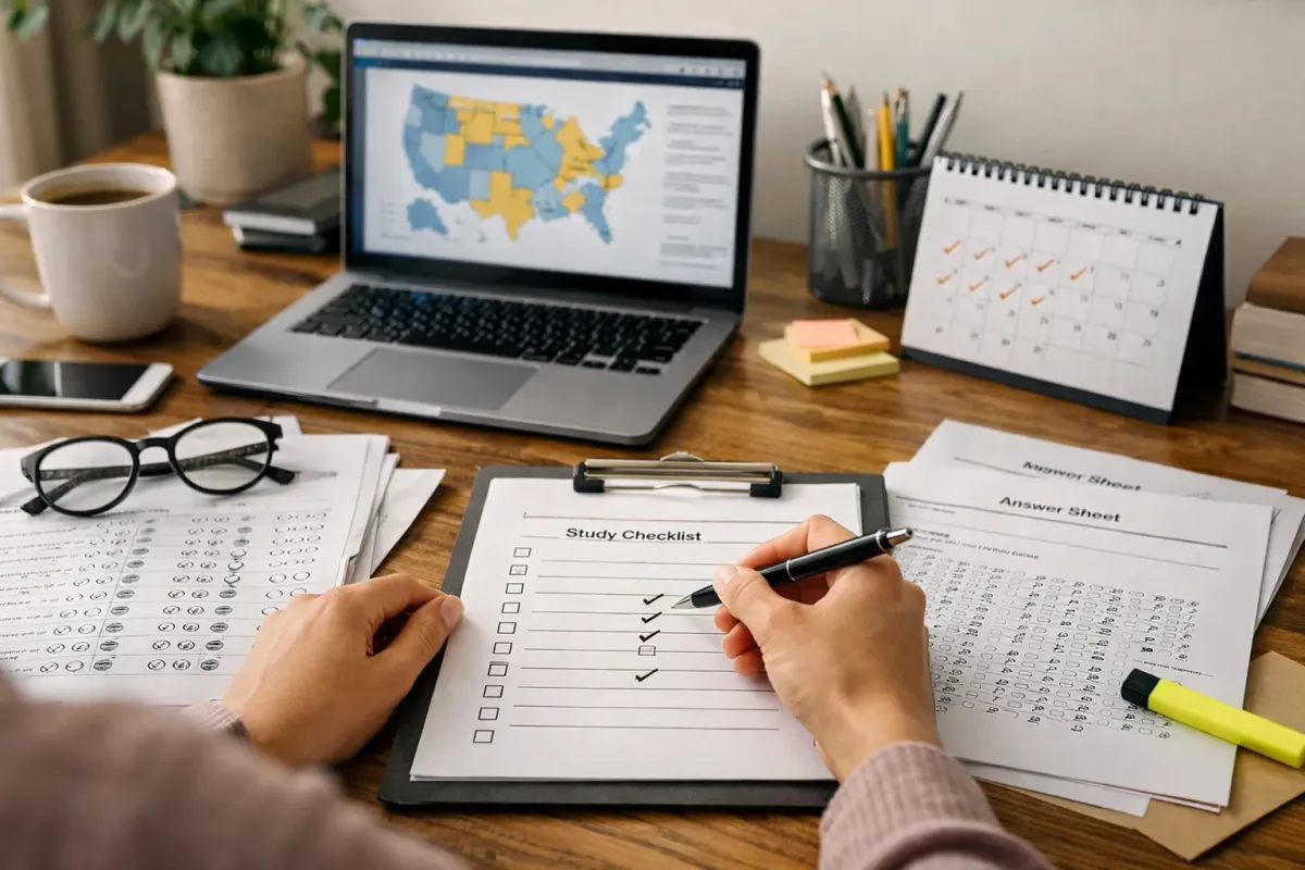Blog cover image for How to Study State-Specific Real Estate Laws Without Mixing Up the Details showing a realistic real estate exam prep study scene.