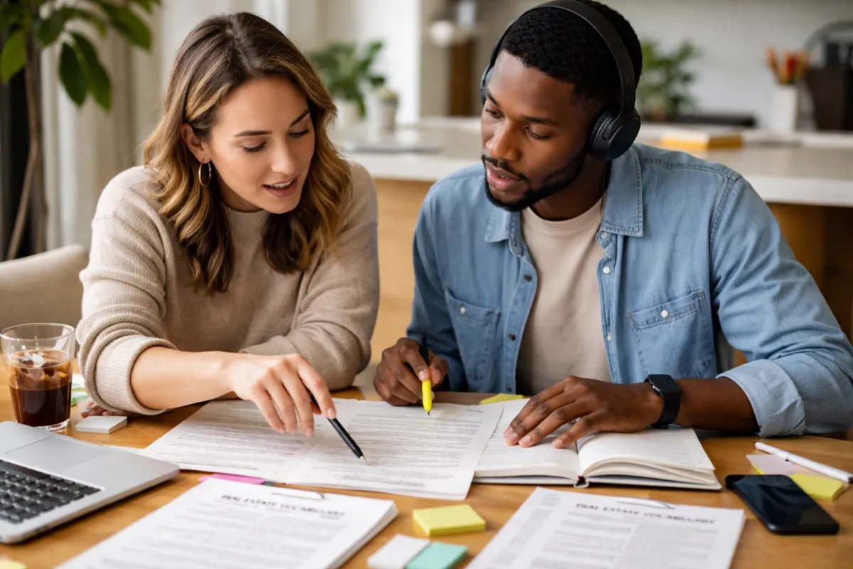 Blog cover image for Real Estate Exam Podcasts and Audio Lessons Do They Actually Help You Pass showing a realistic real estate exam prep study scene.