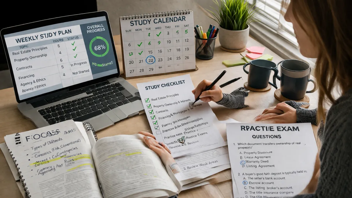 Blog cover image for Real Estate Exam Prep for Beginners Who Feel Overwhelmed by the Material showing a realistic real estate exam prep study scene.