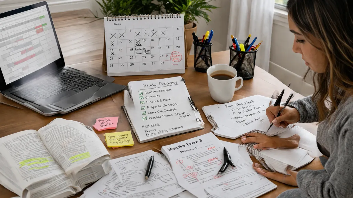 Blog cover image for What to Do If You Fail the Real Estate Exam the First Time showing a realistic real estate exam prep study scene.