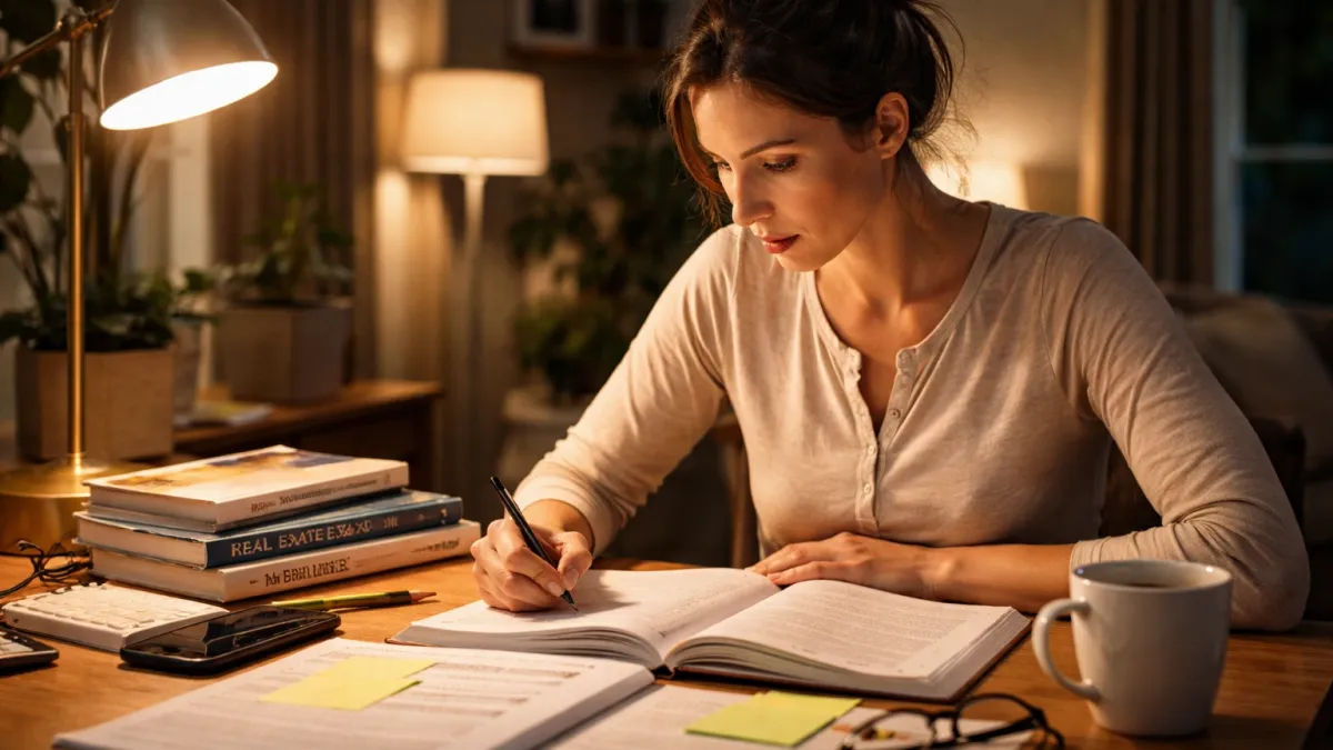 Blog cover image for How Many Hours Should You Study for the Real Estate Exam showing a realistic real estate exam prep study scene.