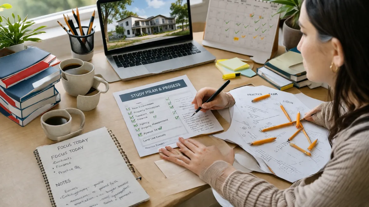 Blog cover image for How to Study for the Real Estate Exam When You Work Full Time showing a realistic real estate exam prep study scene.