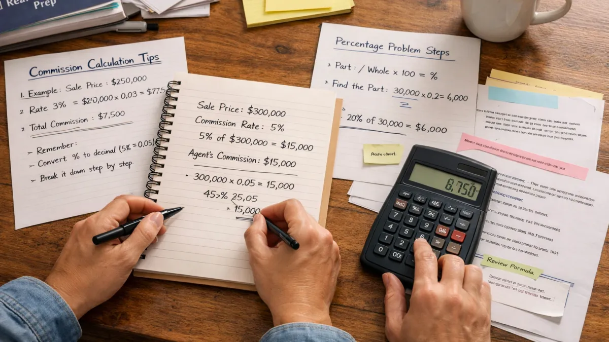 Student working through real estate exam math practice with calculator, notes, and guided steps