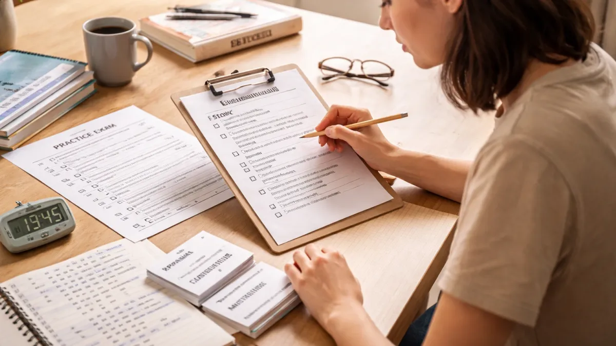 First-time real estate exam taker reviewing a study checklist, flashcards, and practice questions before test day