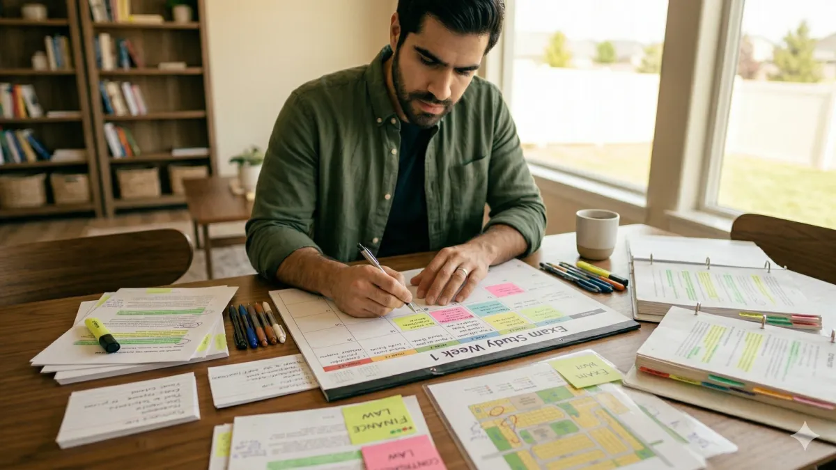 Beginner building a weekly real estate exam study plan with paper calendar, flashcards, and practice questions