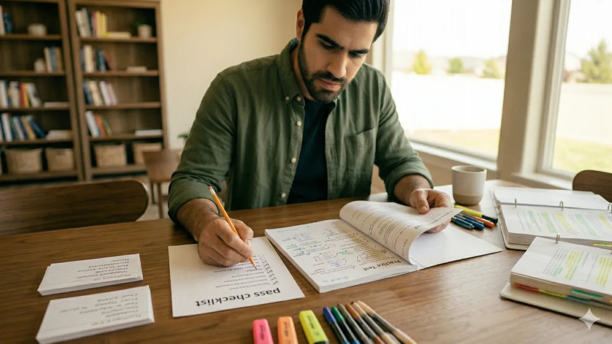 Exam-prep learner reviewing a marked practice test and pass checklist with flashcards and notes