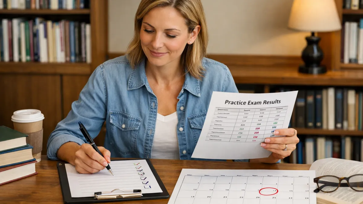 Blog cover image showing a learner reviewing a practice test score sheet and planning the next steps for real estate exam prep.