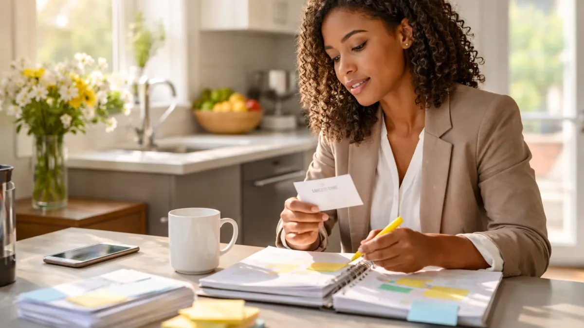 Blog cover image showing a learner reviewing flashcards and study notes while working through detailed real estate exam topics.