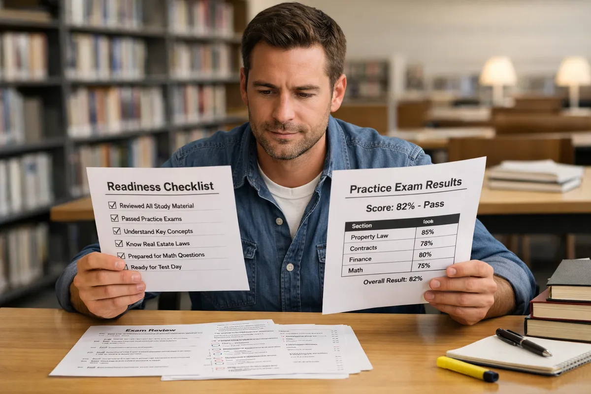 Blog cover image for How to Use Real Estate Mock Exams to Build Confidence Instead of Panic showing a realistic real estate exam prep study scene.