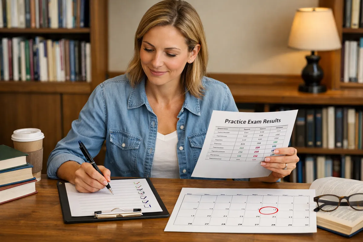 Real estate exam candidate reviewing a focused three-day study checklist, flashcards, and notes at home before test day