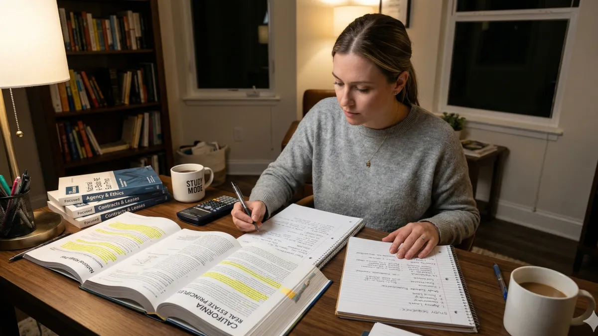 Real estate exam study setup with a planner, calendar, laptop, and notes laid out for a structured review session.