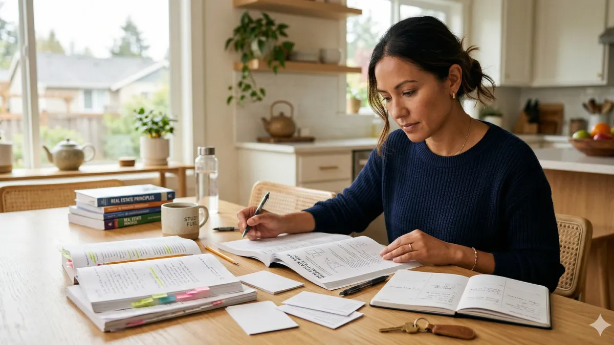 Realistic blog cover for a real estate exam study group with learners reviewing practice questions and study progress together.