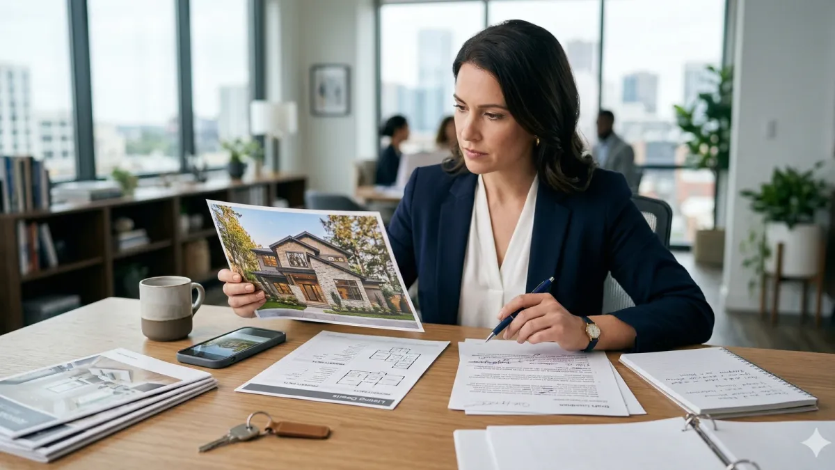 Realistic blog cover for a real estate agent reviewing property details and draft listing descriptions at a clean office table.