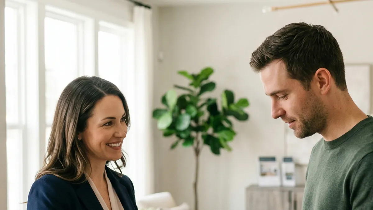 Realistic blog cover for a real estate agent reviewing open house follow-up notes with a client at a bright table.