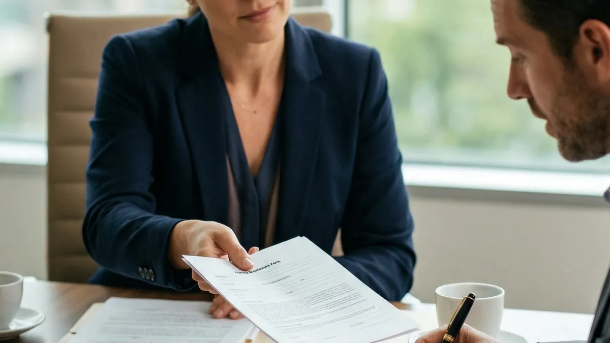 Realistic blog cover showing a real estate agent reviewing a simple service comparison document during a client meeting.