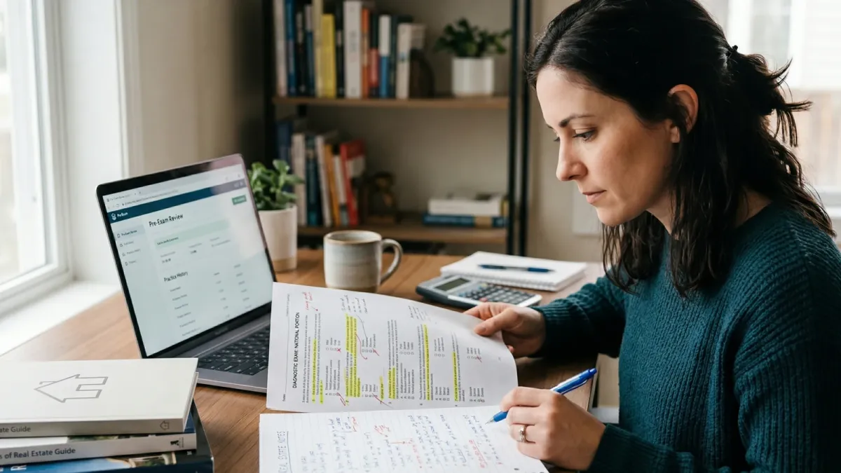 Realistic blog cover showing a real estate professional reviewing AI tool outputs and study-style notes at a desk.