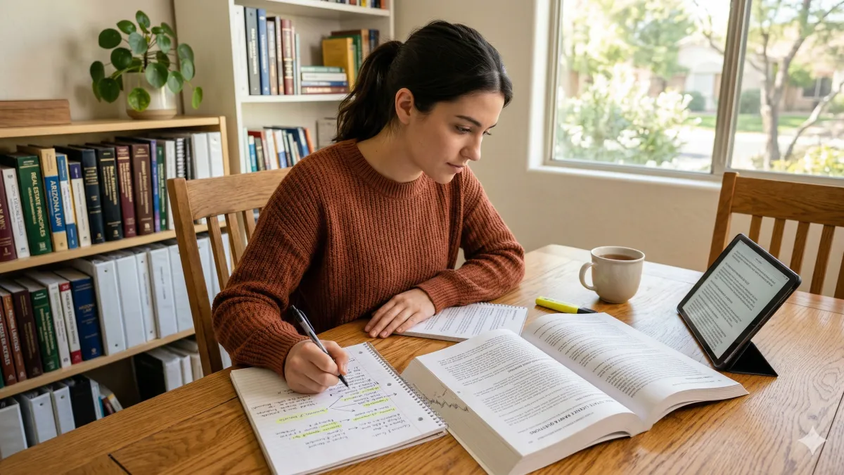 Learner working through real estate exam math notes with a calculator, highlighted formulas, and practice pages spread across a desk.