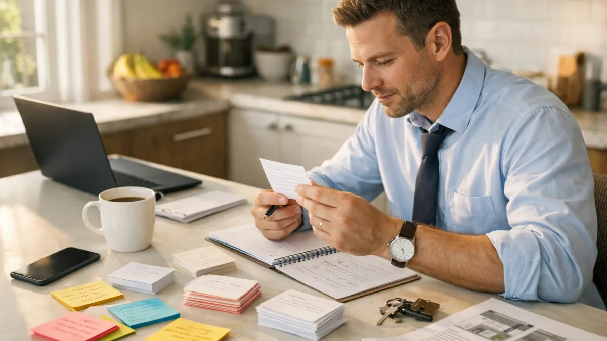 Learner working through real estate exam math notes with a calculator, highlighted formulas, and practice pages spread across a desk.