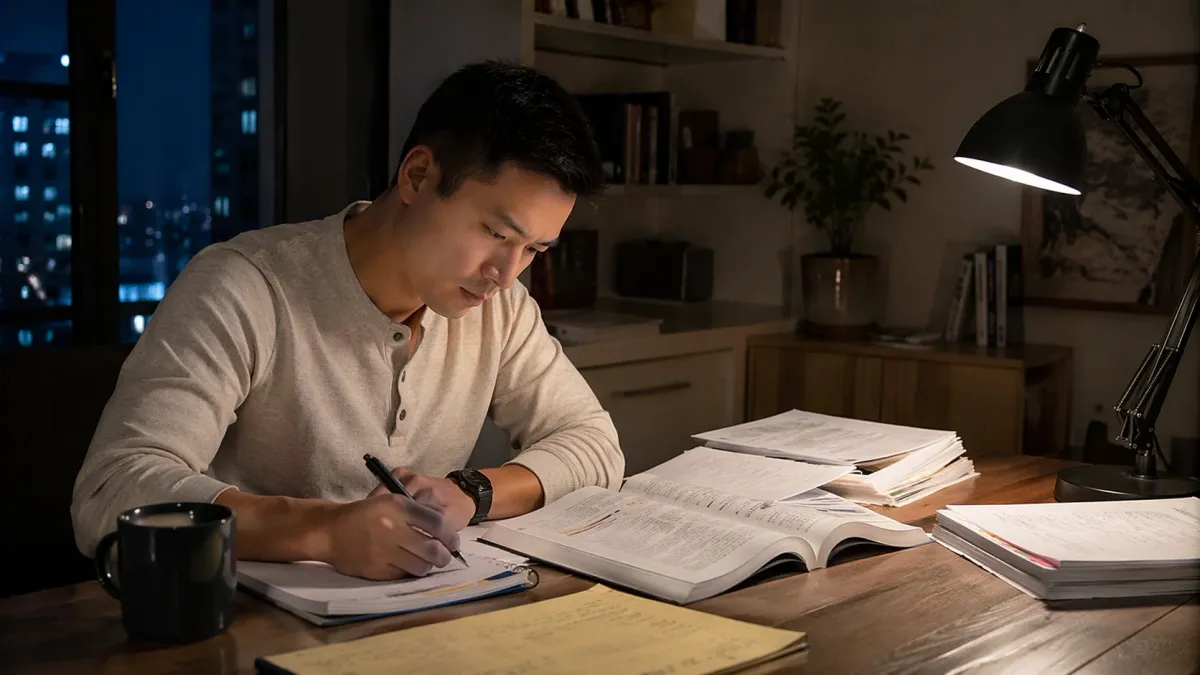 Learner completing real estate practice questions with answer sheets, notes, and study materials arranged on a desk.