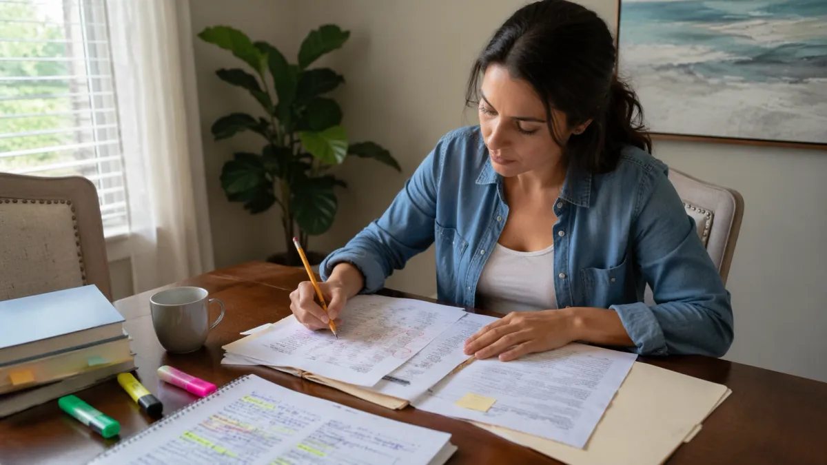 Focused real estate exam study scene with printed notes, flashcards, and a laptop on a tidy desk.