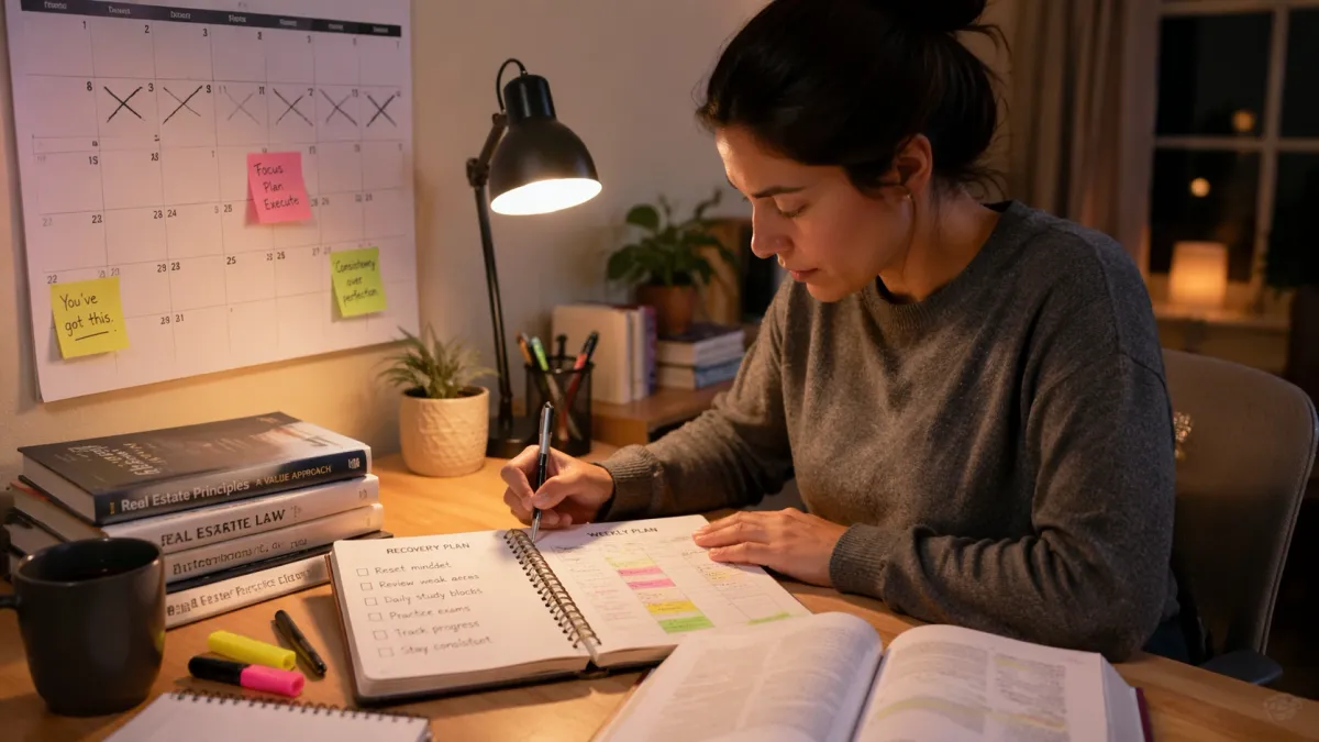 Focused real estate exam study scene with printed notes, flashcards, and a laptop on a tidy desk.