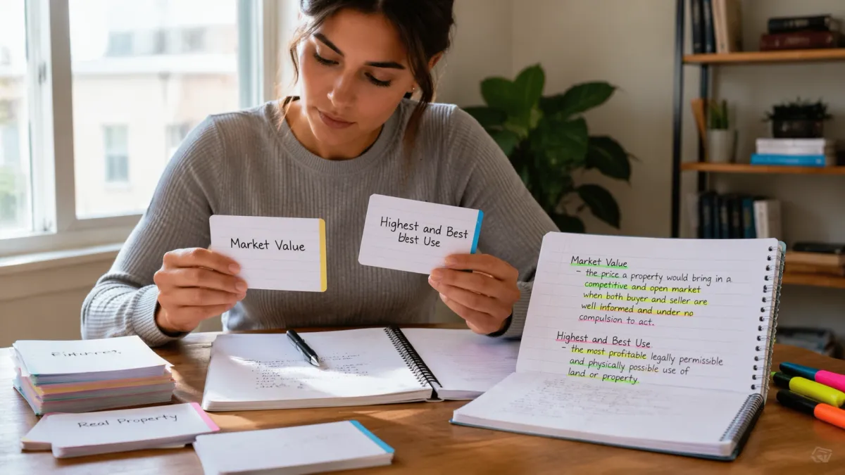 Learner reviewing a real estate exam study page with highlighted question stems, notes, and flashcards on a desk.