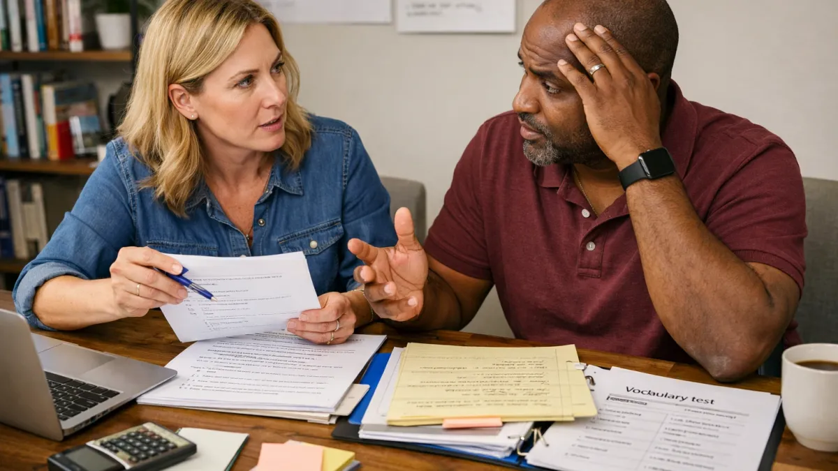 Focused real estate exam study scene with printed notes, flashcards, and a laptop on a tidy desk.