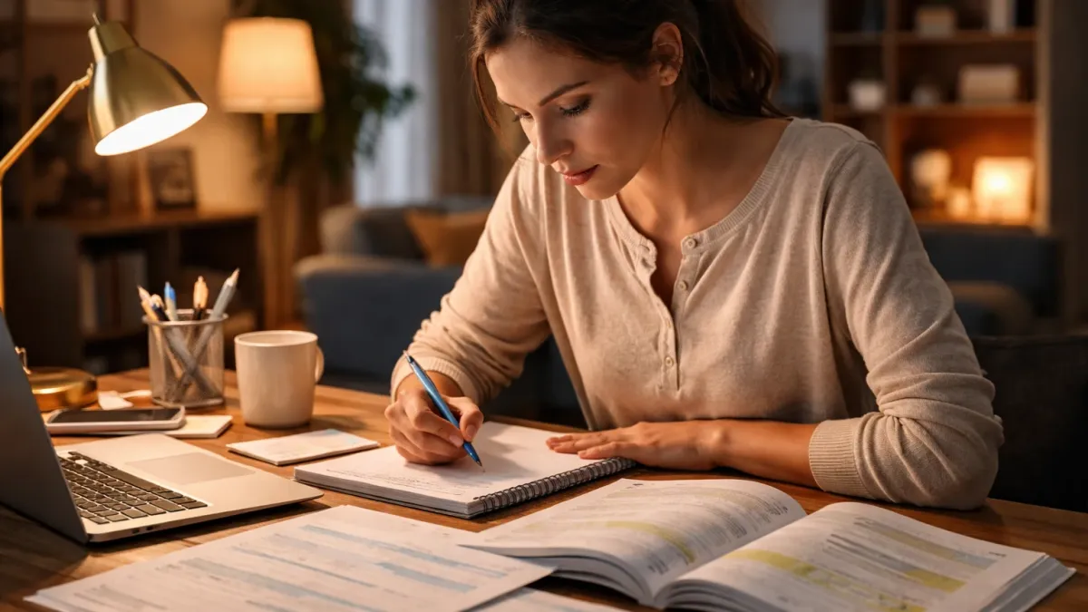 Focused real estate exam study scene with printed notes, flashcards, and a laptop on a tidy desk.
