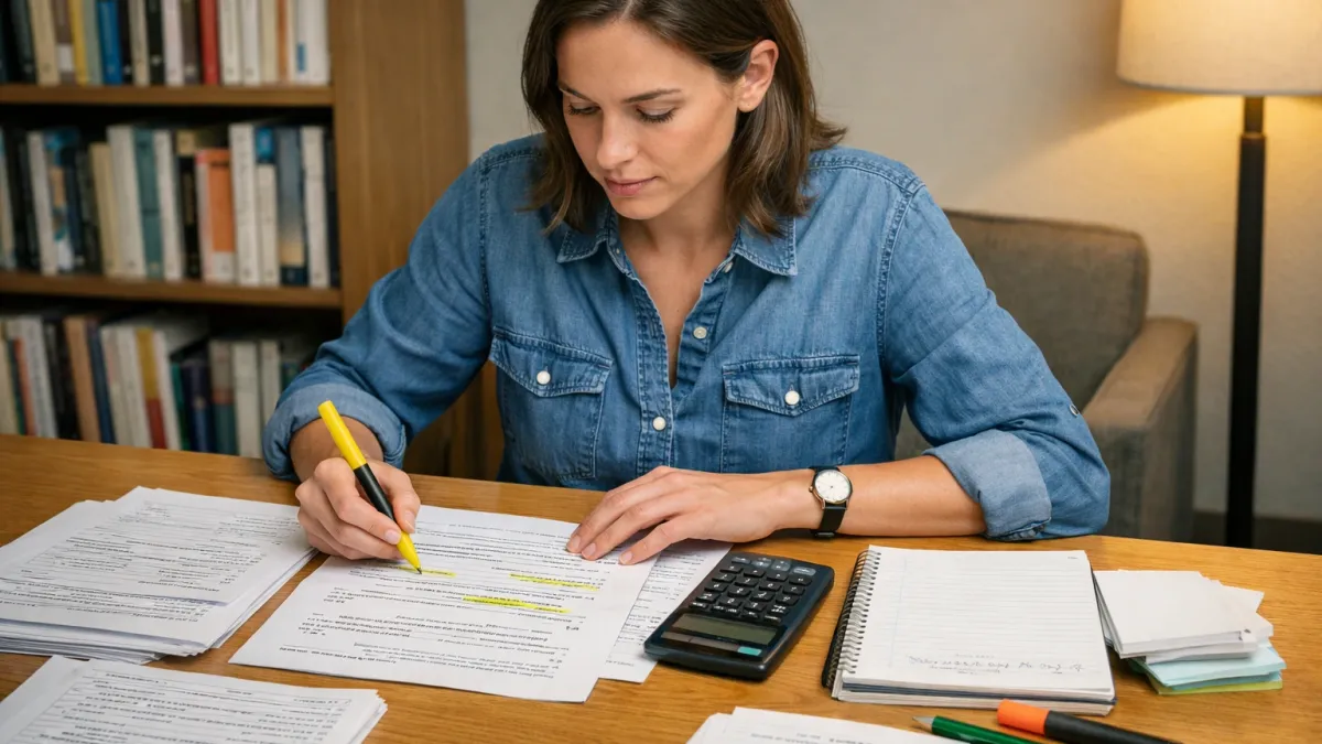 Focused real estate exam study scene with printed notes, flashcards, and a laptop on a tidy desk.