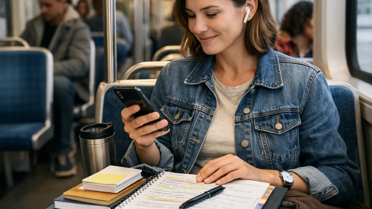 Focused real estate exam study scene with printed notes, flashcards, and a laptop on a tidy desk.