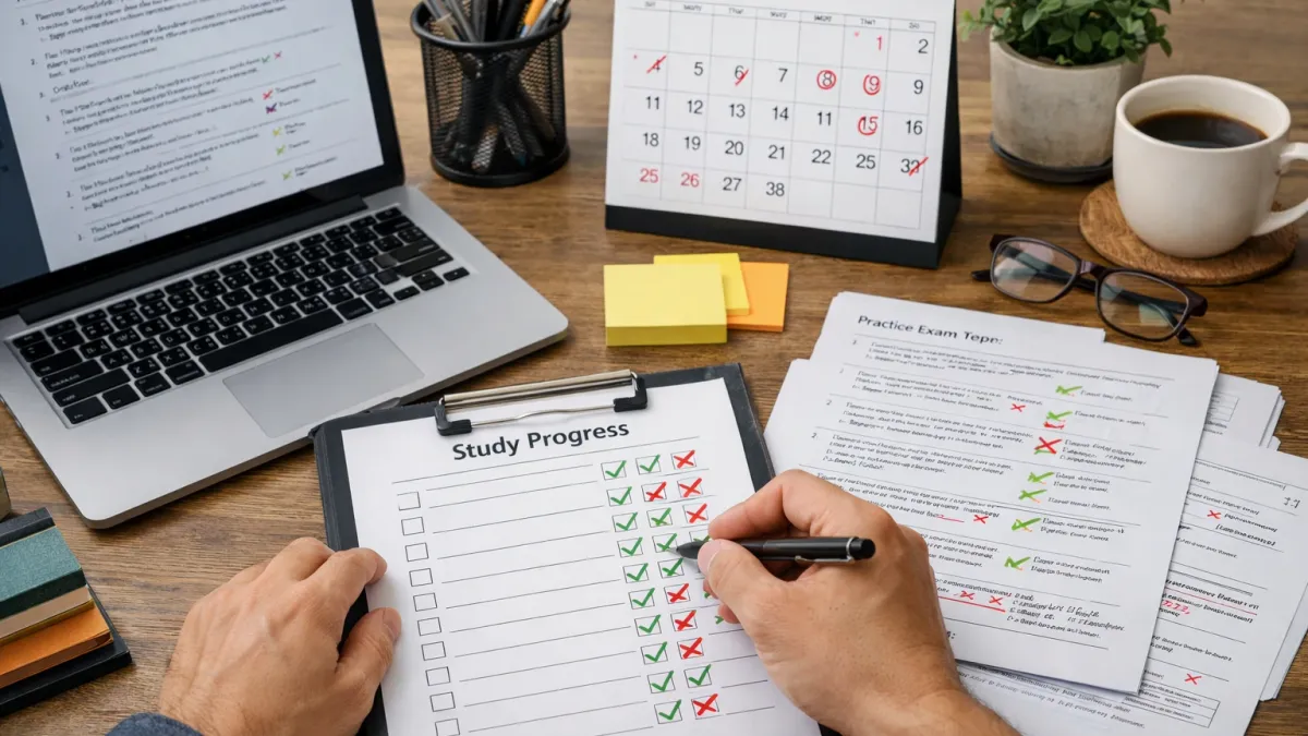 Learner completing real estate practice questions with answer sheets, notes, and study materials arranged on a desk.