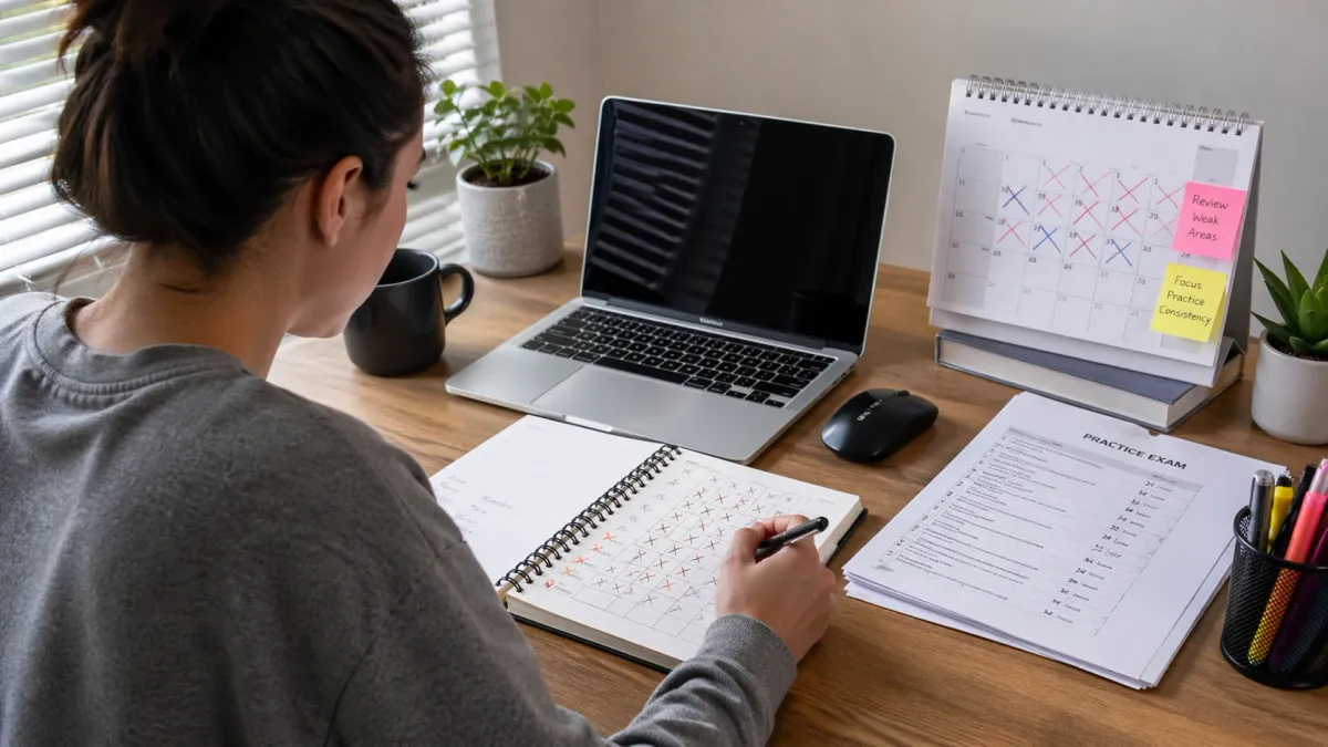 Real estate exam study setup with a planner, calendar, laptop, and notes laid out for a structured review session.