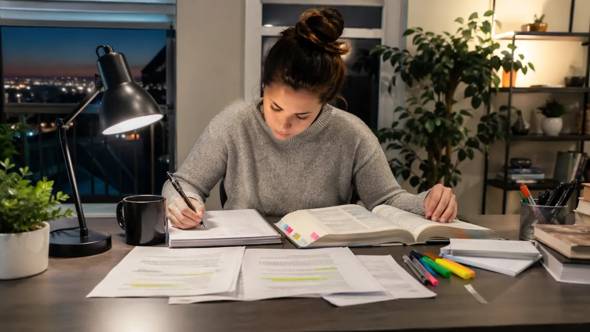 Learner reviewing a real estate exam study page with highlighted question stems, notes, and flashcards on a desk.