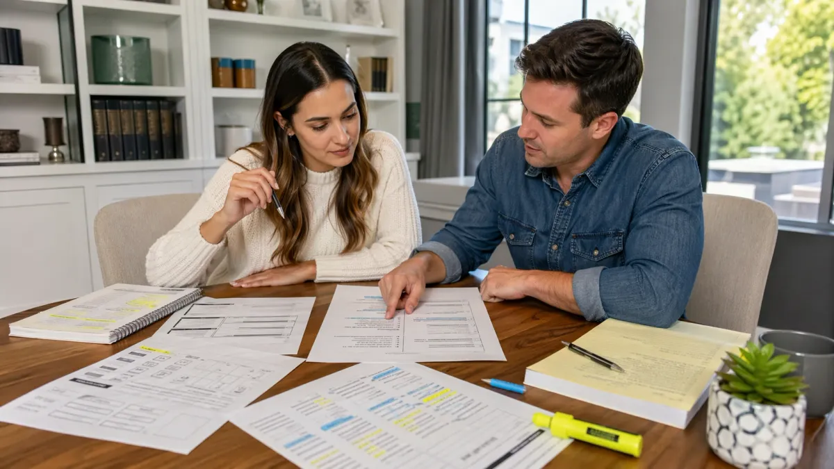 Learner reviewing a real estate exam study page with highlighted question stems, notes, and flashcards on a desk.