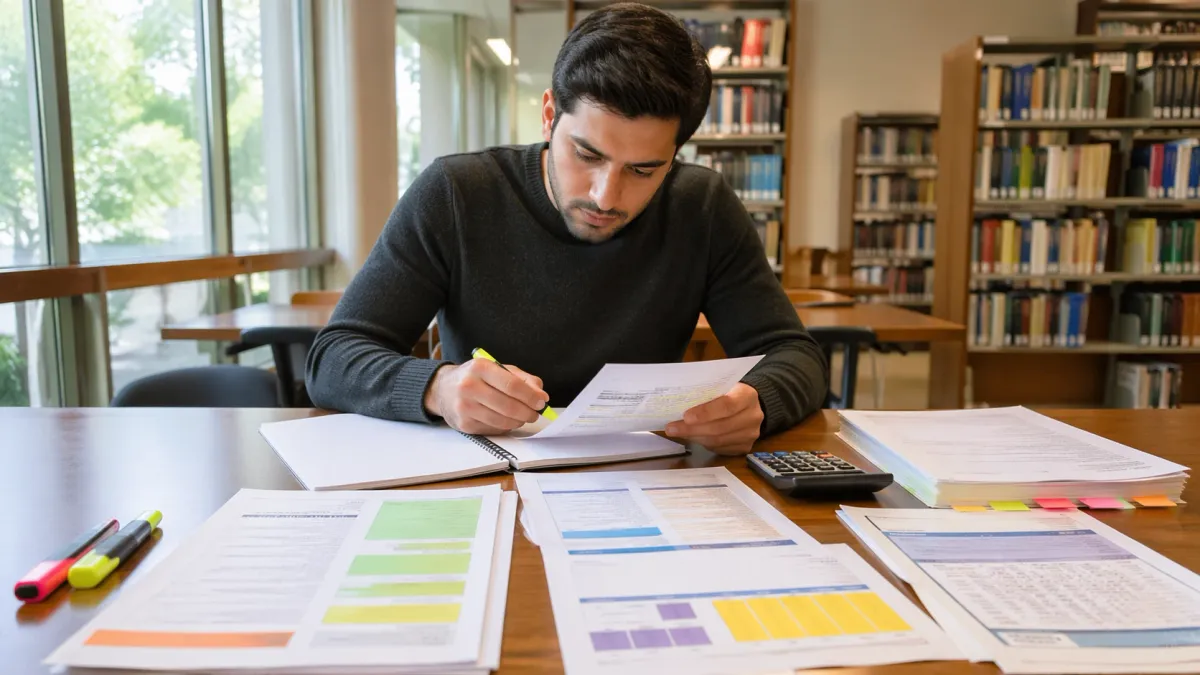 Learner reviewing a real estate exam study page with highlighted question stems, notes, and flashcards on a desk.