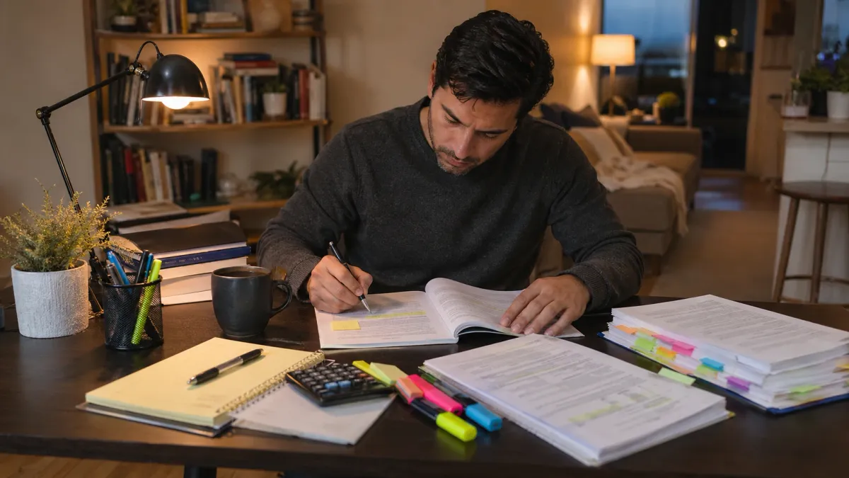 Focused real estate exam study scene with printed notes, flashcards, and a laptop on a tidy desk.