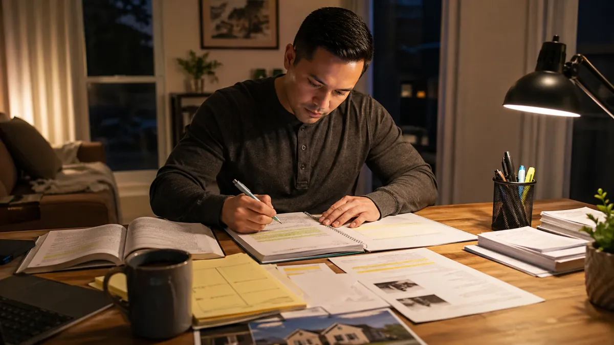 Focused real estate exam study scene with printed notes, flashcards, and a laptop on a tidy desk.