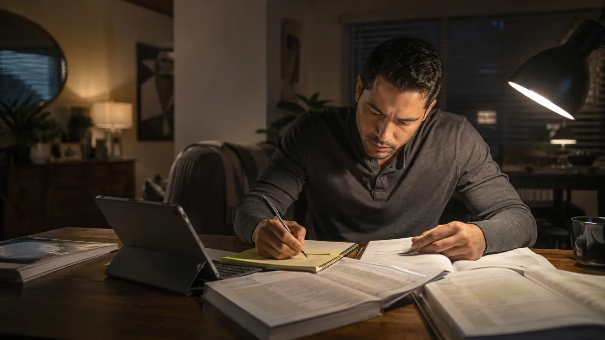 Learner working through real estate exam math notes with a calculator, highlighted formulas, and practice pages spread across a desk.