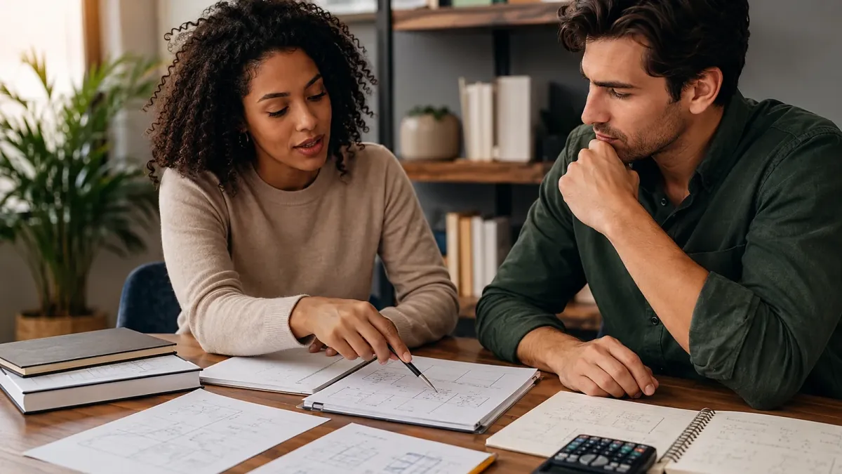 Learner working through real estate exam math notes with a calculator, highlighted formulas, and practice pages spread across a desk.