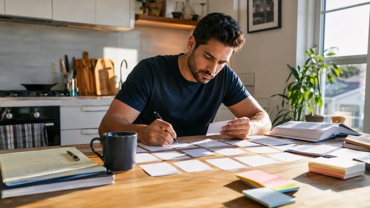 Learner reviewing a real estate exam study page with highlighted question stems, notes, and flashcards on a desk.