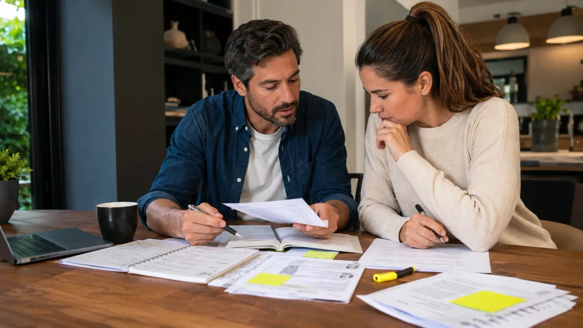 Learner reviewing a real estate exam study page with highlighted question stems, notes, and flashcards on a desk.