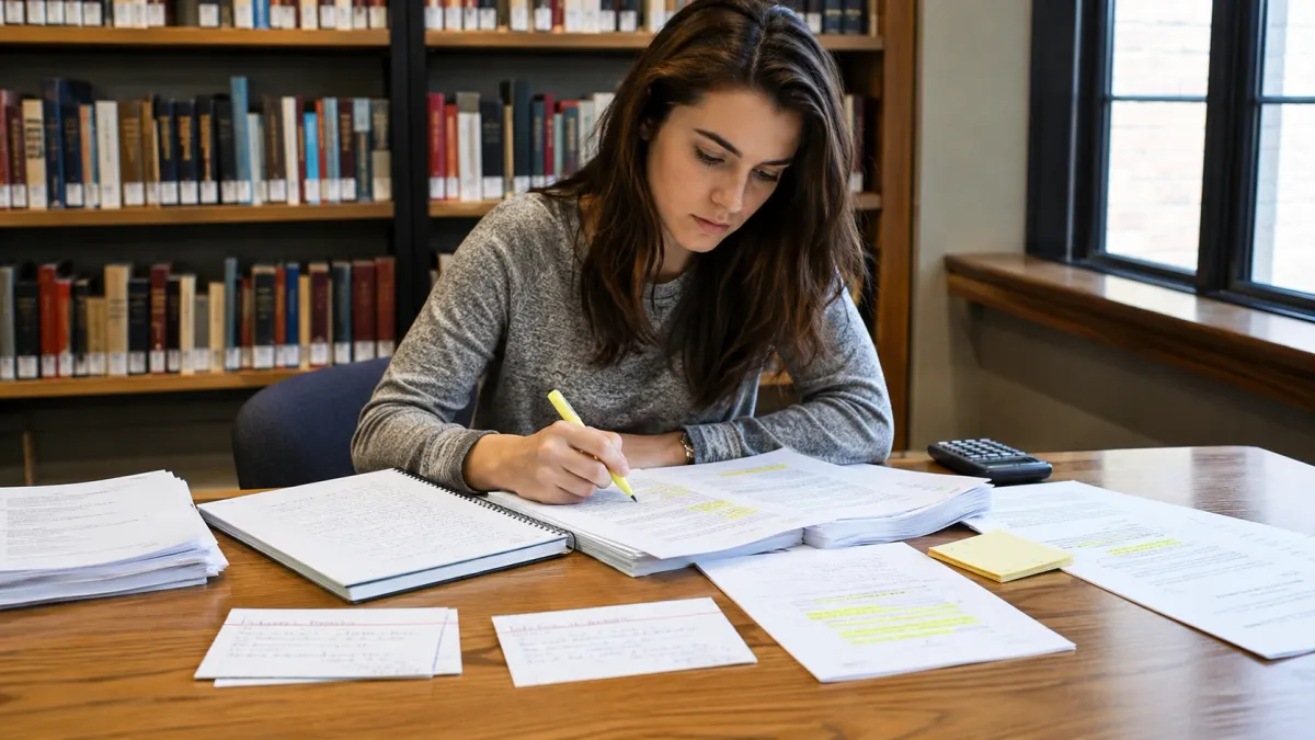 Learner working through real estate exam math notes with a calculator, highlighted formulas, and practice pages spread across a desk.
