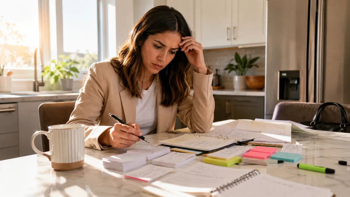 Learner completing real estate practice questions with answer sheets, notes, and study materials arranged on a desk.