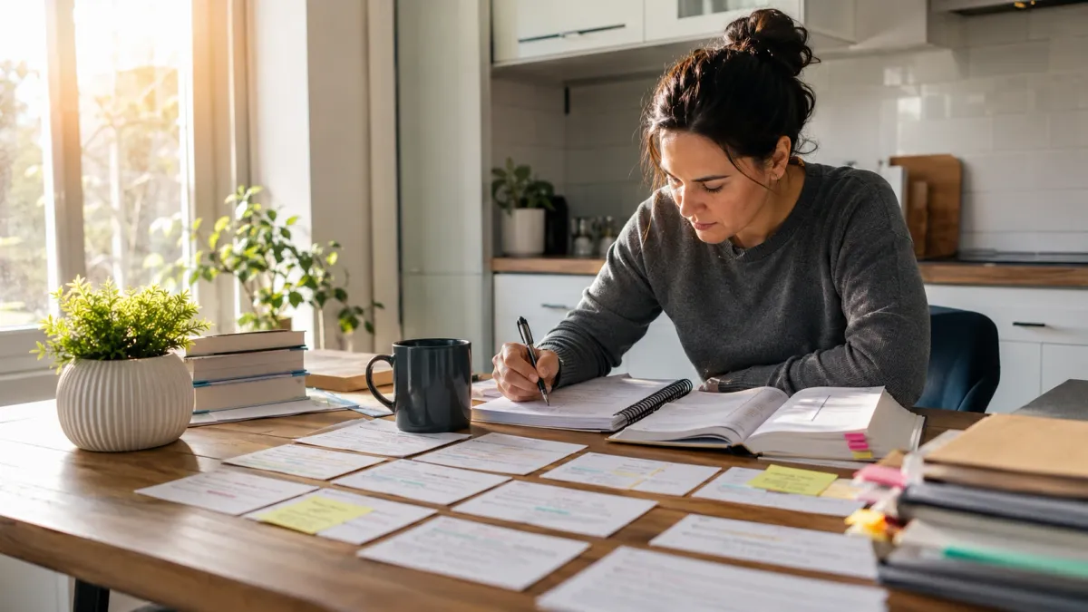 Learner reviewing a real estate exam study page with highlighted question stems, notes, and flashcards on a desk.
