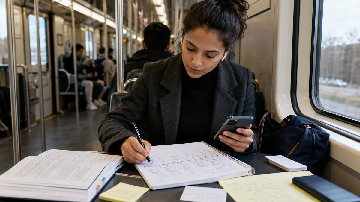 Learner working through real estate exam math notes with a calculator, highlighted formulas, and practice pages spread across a desk.