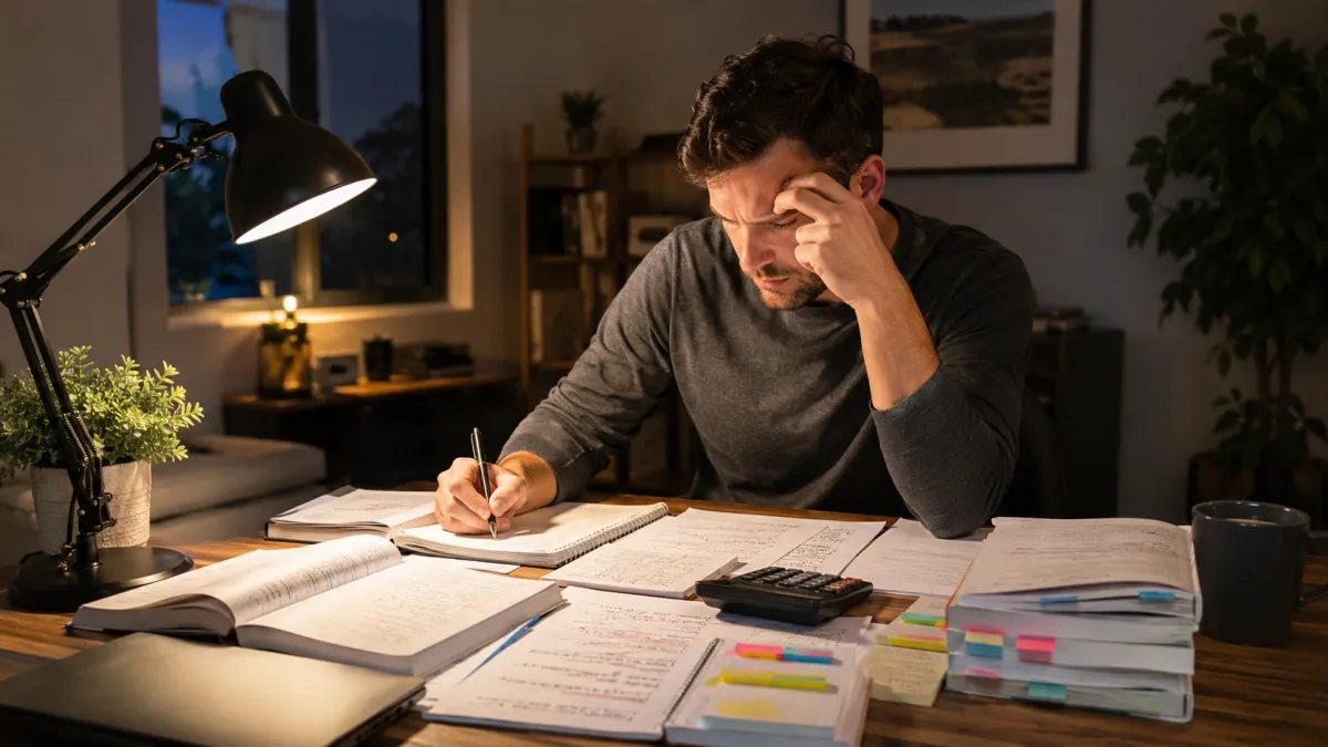 Learner working through real estate exam math notes with a calculator, highlighted formulas, and practice pages spread across a desk.